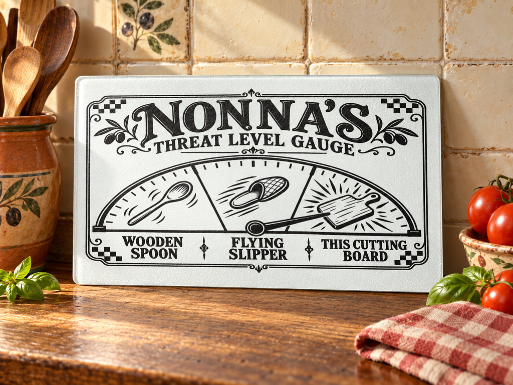 Nonna’s Threat Level Gauge Glass Cutting Board | Funny Italian Kitchen Gift